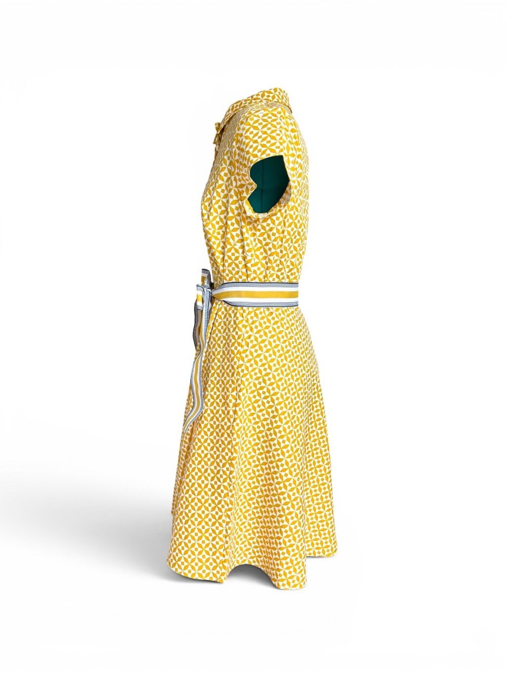 Yellow Geometric Midi Shirt Dress with Striped Tie Belt - Picture 4 of 11